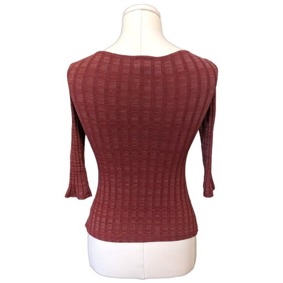 Vintage Y2K Red Ribbed Babydoll Top 3/4 Sleeve V Neck Burgundy Heather Sz S - Picture 5 of 8